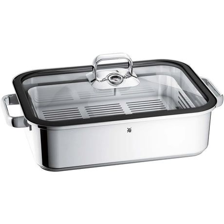 Der WMF Dampfgartopf Vitalis ist ein rechteckiger Bratentopf mit Griffen, Glasdeckel, Dampfabzug und Thermometer - ideal zum schonenden Dämpfen.