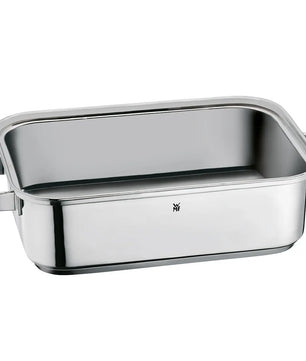 Der WMF Dampfgartopf Vitalis ist ein rechteckiger Edelstahl-Dampfgarer mit seitlichen Griffen, ideal zum sanften Dämpfen (Dampfgaren), abgebildet auf weißem Hintergrund.