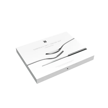 WMF Silk Besteckset 66-teilig in Silber, mit Cromargan Edelstahlbesteck von WMF mit den Abbildungen von Gabel, Messer und Löffel auf weißem Hintergrund.