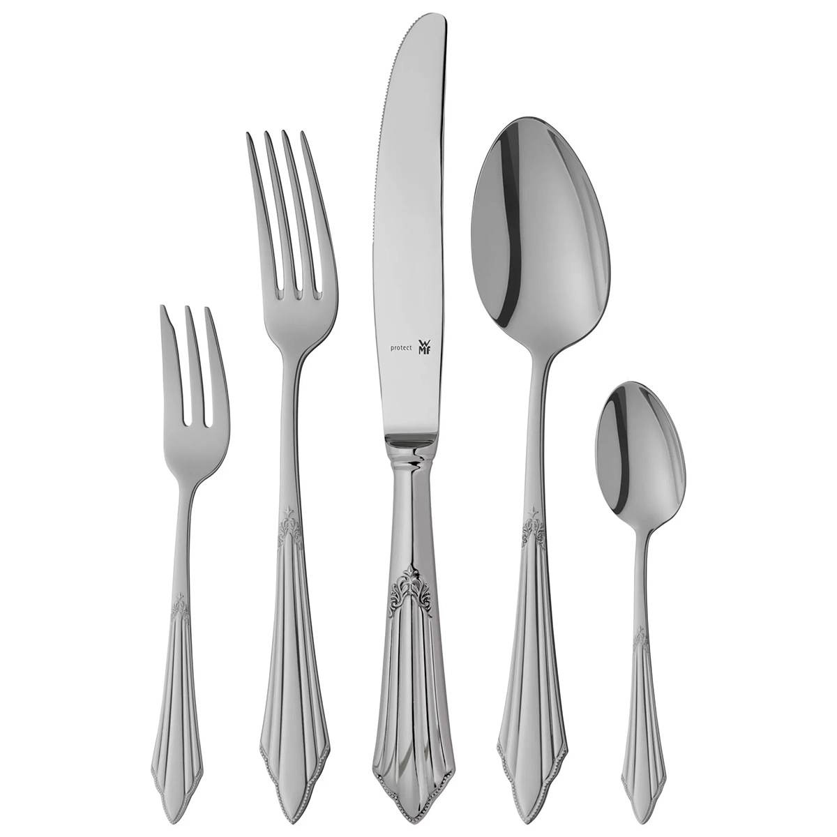 Fünf kunstvoll gearbeitete Silberbesteckteile – Dessertgabel, Essgabel, Messer, Suppenlöffel und Teelöffel – aus Cromargan-Edelstahl von WMF, aus dem eleganten WMF Fächer-Besteck-Set – Silber, präsentiert vor weißem Hintergrund.