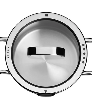 Draufsicht auf ein glänzendes WMF Function 4 Kochtopf-Set (5-teilig), Edelstahl mit Griffen und passendem Deckel - ideal für moderne Küchen und induktionsgeeignet.