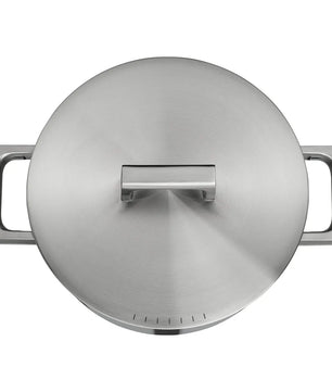 Ein WMF Ultimate Cool Topfset Induktion 5-teilig Edelstahltopf mit Deckel und rechteckigen Griffen, von oben gesehen.