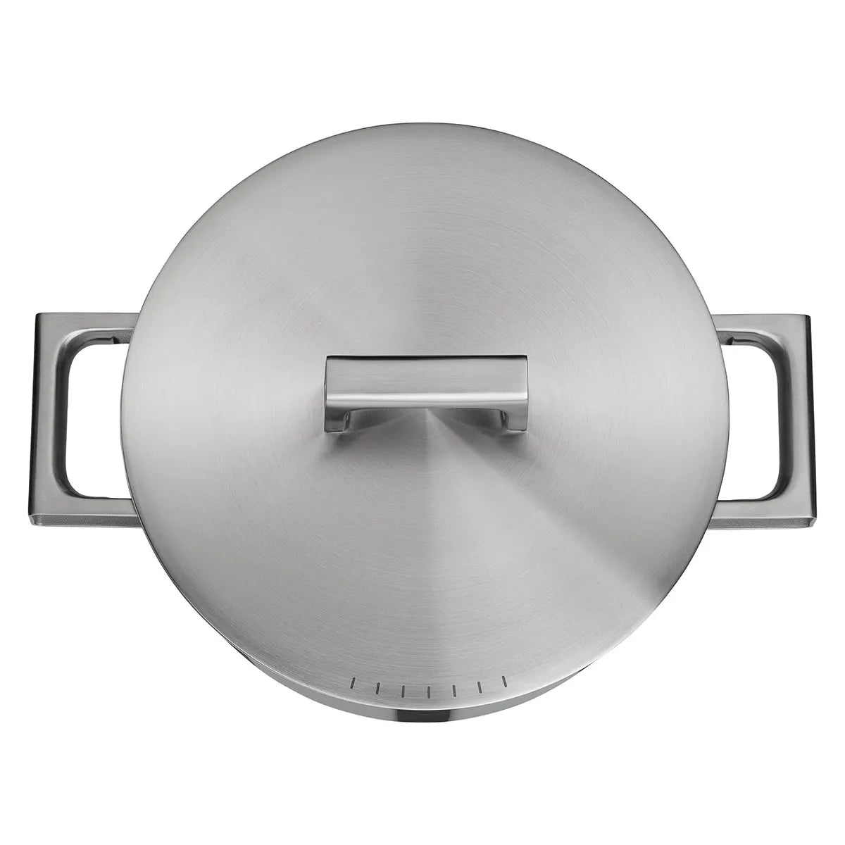 Ein WMF Ultimate Cool Topfset Induktion 5-teilig Edelstahltopf mit Deckel und rechteckigen Griffen, von oben gesehen.