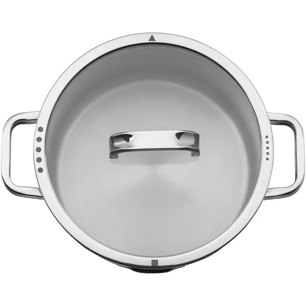 Draufsicht auf das WMF Function 4 Advanced Topf-Set 4-teilig. - silber, ein Edelstahltopf von WMF mit Griffen und einem innenliegenden Deckel.
