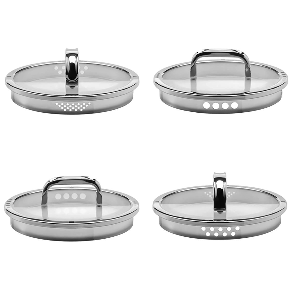 Das WMF Function 4 Advanced Topf-Set 4-teilig von WMF besteht aus vier silbernen Edelstahl-Topfdeckeln mit unterschiedlichen Sieblochmustern und Glaskörpern, die von der Seite betrachtet werden.