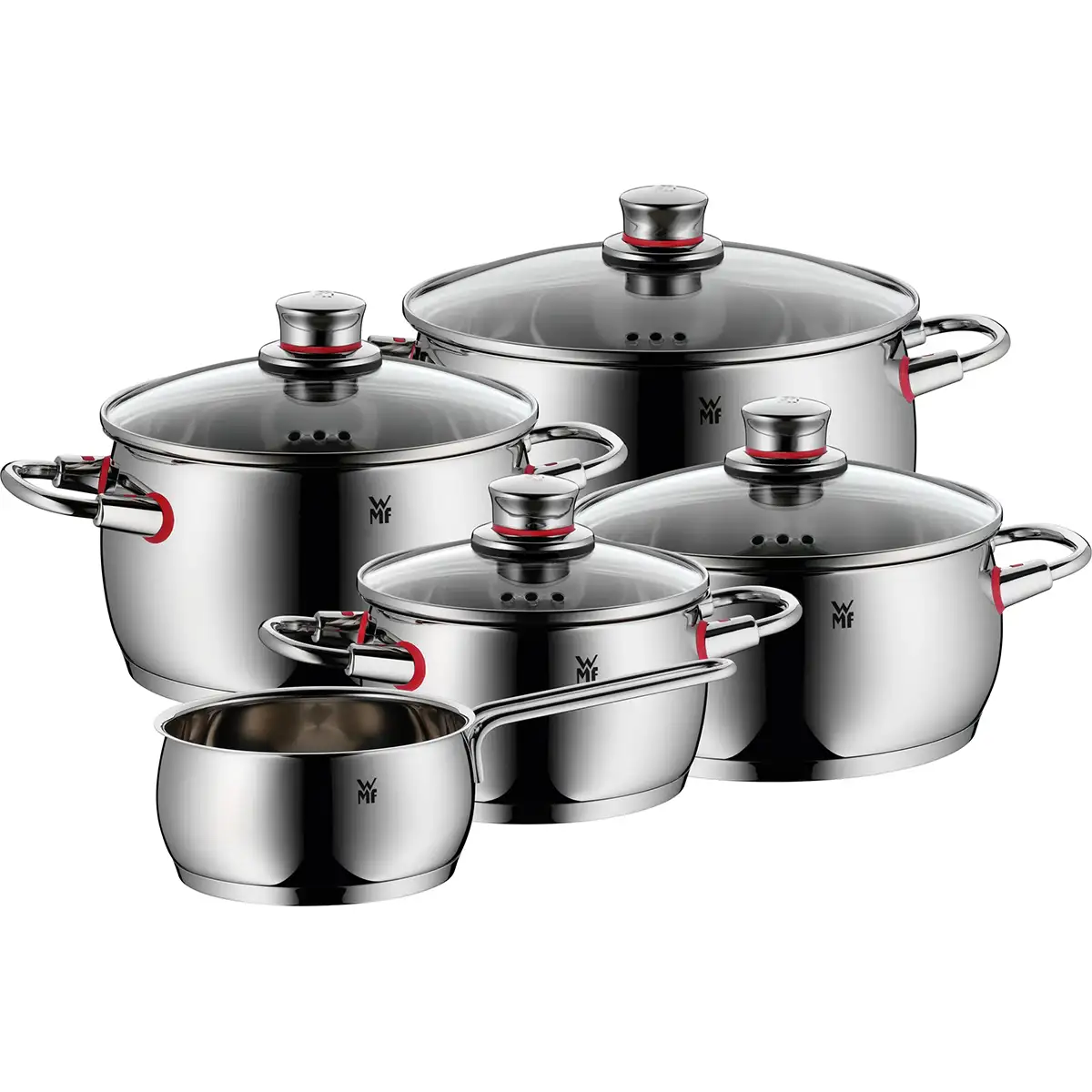 Das WMF Topf-Set Quality One 5-teilig besteht aus fünf Edelstahltöpfen mit Glasdeckeln und roten Akzenten, die gemeinsam auf weißem Grund angeordnet sind. Ideal für das Induktionskochen.