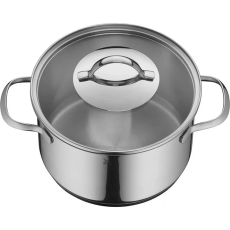 Das WMF Topf-Set Provence Plus, 5-teilig - Premium-Edelstahl-Kochgeschirr mit Griffen und Deckeln, ideal für Induktion und vielseitiges Kochen - von oben betrachtet. Marke: WMF.