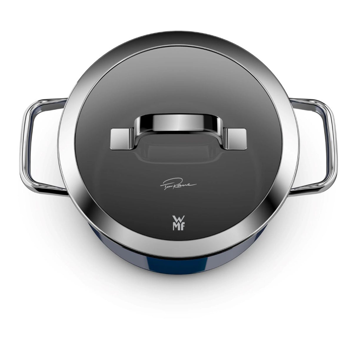 WMF Fusiontec Mineral Pro Topf-Set, 4-teilig, Tim Raue Edition: Edelstahltopf mit Deckel und seitlichen Griffen, von oben gesehen; WMF Logo auf dem Deckel sichtbar.