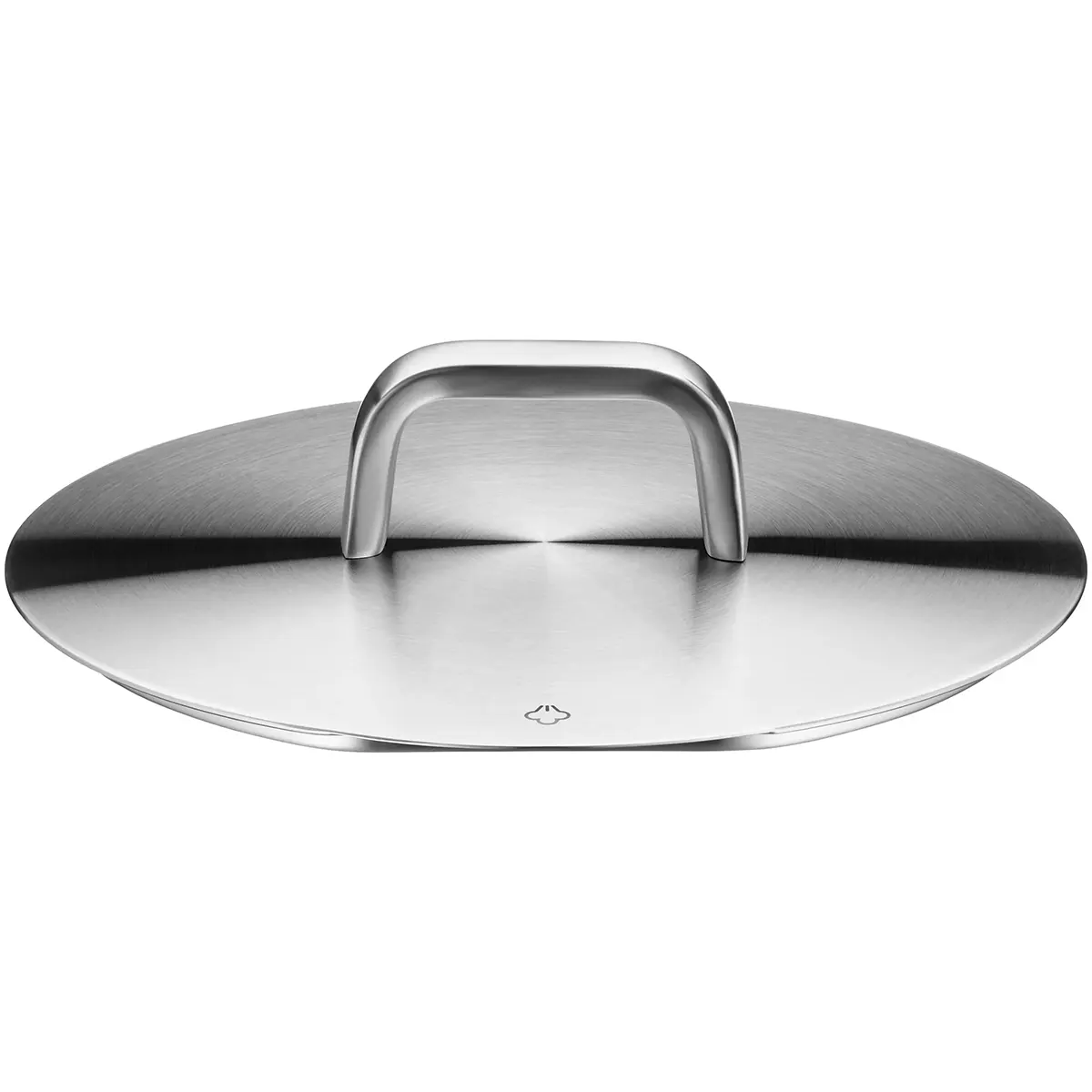 WMF-Edelstahldeckel für Kochtöpfe mit einem großen, rechteckigen Griff an der Oberseite, von vorne gesehen; gefertigt aus hochwertigem Cromargan-Edelstahl und fachmännisch gestaltet, um das WMF Iconic 5-teilige Topfset in Silber zu ergänzen.