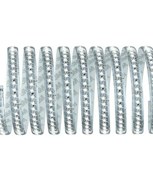 Ein gewickeltes Paulmann MaxLED Basisset 3 m LED-Streifen - weiß mit selbstklebender Rückseite, mit gleichmäßig verteilten, hellen weißen Lichtern.
