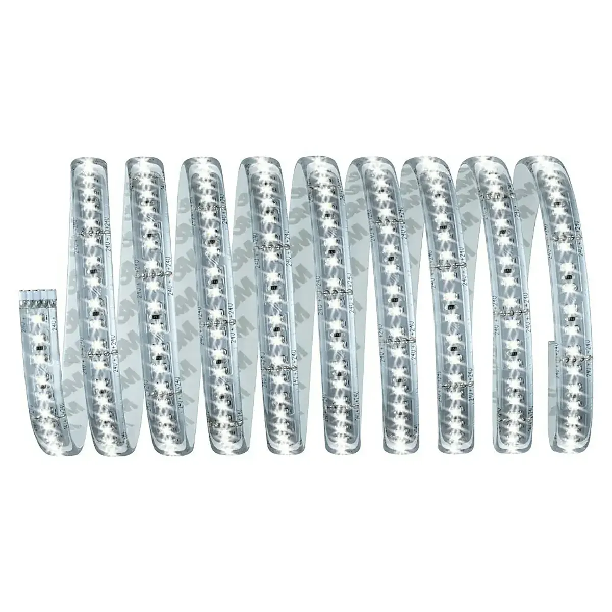 Ein gewickeltes Paulmann MaxLED Basisset 3 m LED-Streifen - weiß mit selbstklebender Rückseite, mit gleichmäßig verteilten, hellen weißen Lichtern.