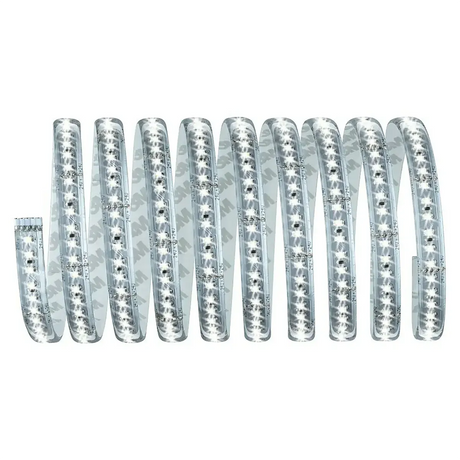 Ein gewickeltes Paulmann MaxLED Basisset 3 m LED-Streifen - weiß mit selbstklebender Rückseite, mit gleichmäßig verteilten, hellen weißen Lichtern.
