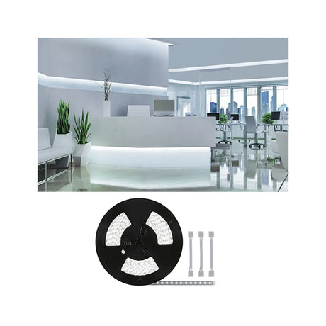 Paulmann MaxLED 500: 20 m dimmbare LED-Streifen (75 W, 11000 lm, kaltweiß) und passende Verbinder für modern beleuchtete weiße Büros mit Pflanzen.