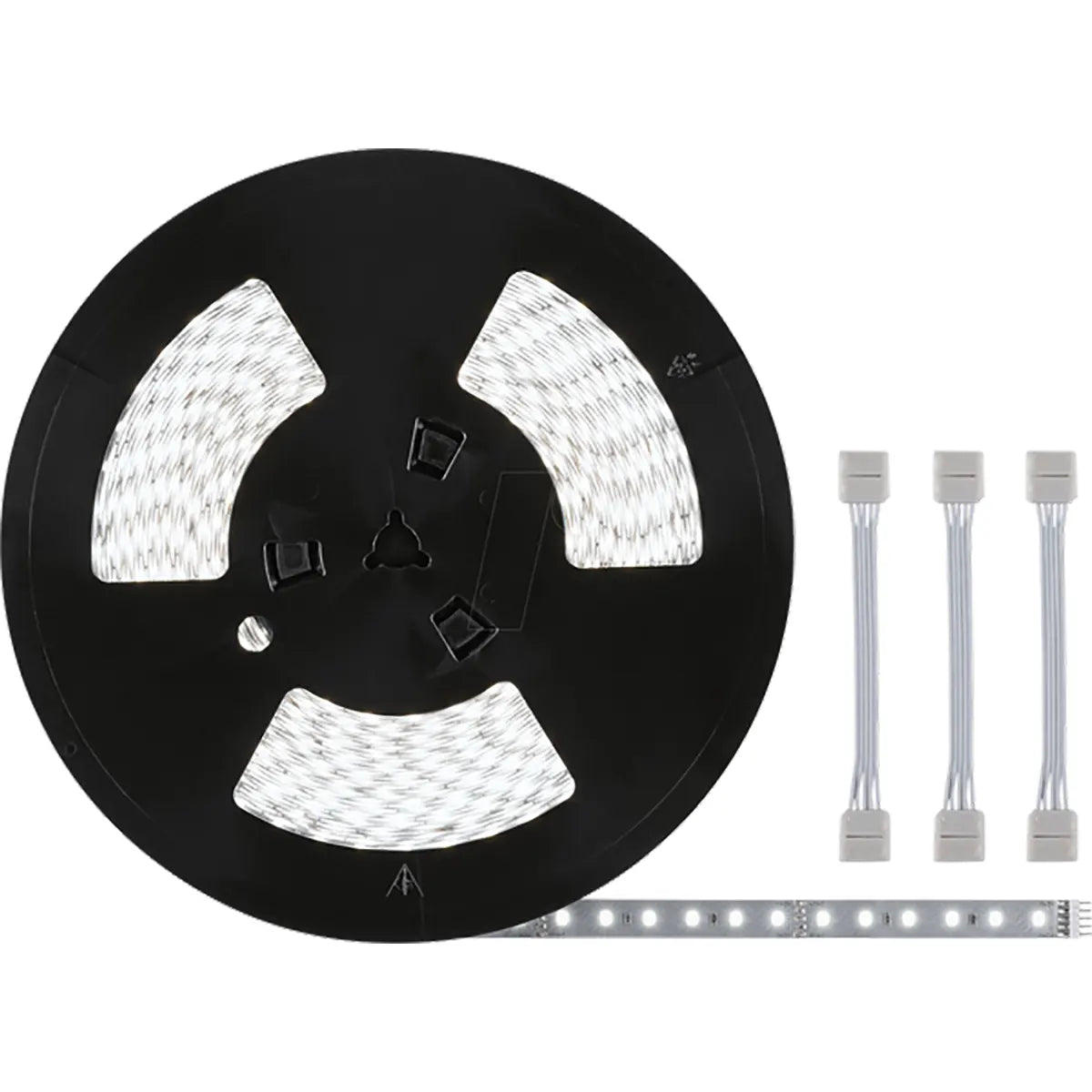 Abgebildet ist eine Paulmann MaxLED 500 dimmbare LED-Leiste (20 m, 75 W, 11000 lm, kaltweiß) mit drei kurzen Anschlusskabeln auf weißem Hintergrund. Die Leuchten liefern eine helle 6500 K Tageslicht-Beleuchtung.