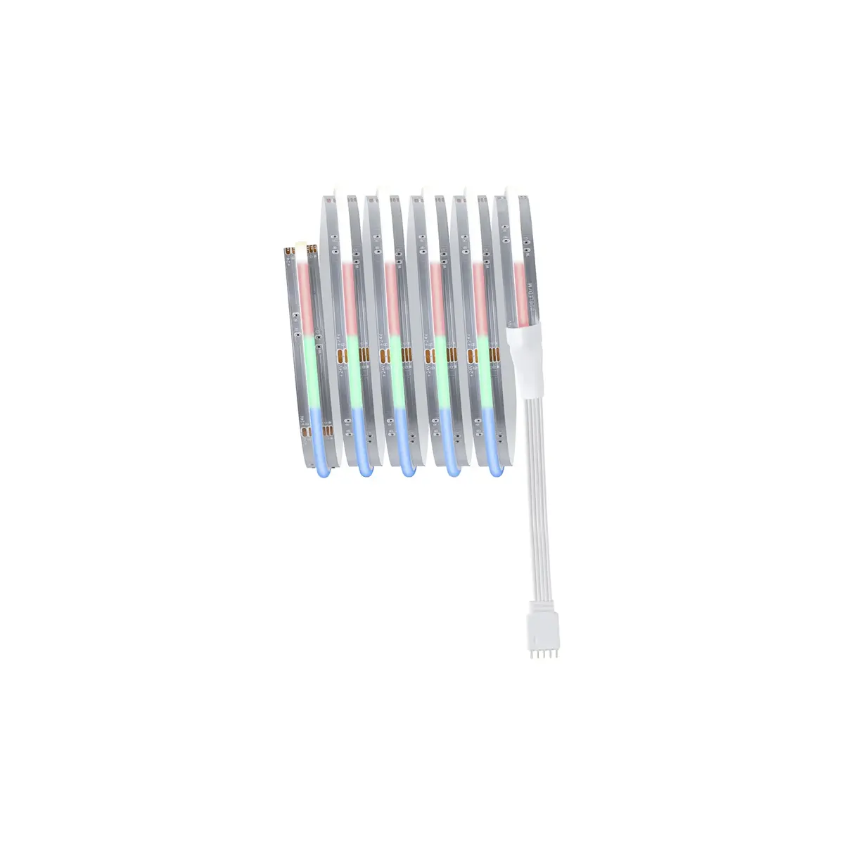 Sieben Paulmann MaxLED COB-LED-Streifen von Paulmann, jeweils 1,5 Meter lang und in Weiß, sind mit einem weißen Stromkabel verbunden und vertikal vor einem weißen Hintergrund angeordnet.