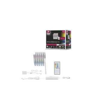 Das Paulmann MaxLED COB LED-Streifen-Set (1,5 m, weiß) enthält eine Fernbedienung, ein Netzteil, einen Controller und eine Verpackung, wie auf dem weißen Hintergrund abgebildet – ideal für die Akzentbeleuchtung. Dieser LED-Streifen von Paulmann sorgt für eine lebendige Beleuchtung, lässt sich nahtlos steuern und einfach installieren.