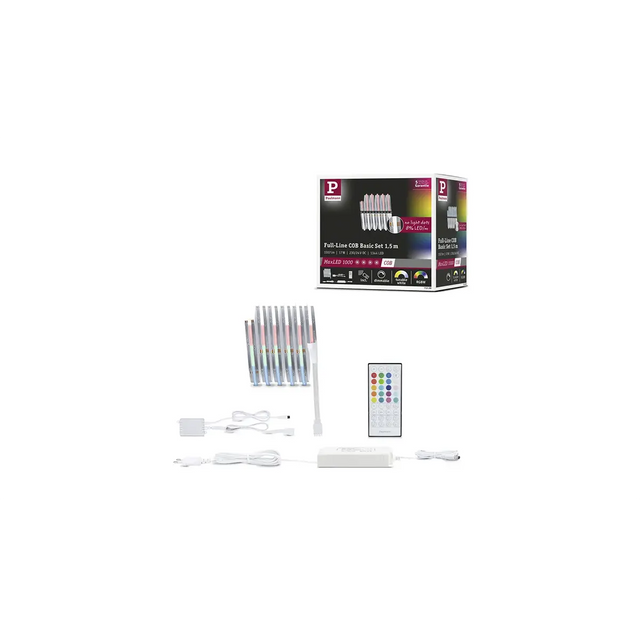 Das Paulmann MaxLED COB LED-Streifen-Set (1,5 m, weiß) enthält eine Fernbedienung, ein Netzteil, einen Controller und eine Verpackung, wie auf dem weißen Hintergrund abgebildet – ideal für die Akzentbeleuchtung. Dieser LED-Streifen von Paulmann sorgt für eine lebendige Beleuchtung, lässt sich nahtlos steuern und einfach installieren.