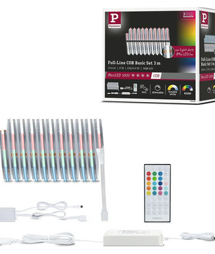 Das Paulmann MaxLED 1000 COB 3 m Basisset – weiß wird mit einer Fernbedienung, einem Netzteil, Anschlusskabeln und einer Verpackung geliefert, auf der die Produktdetails und Farboptionen aufgeführt sind – damit ist es die ideale, farbenfrohe Beleuchtungslösung von Paulmann.