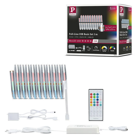 Das Paulmann MaxLED 1000 COB 3 m Basisset – weiß wird mit einer Fernbedienung, einem Netzteil, Anschlusskabeln und einer Verpackung geliefert, auf der die Produktdetails und Farboptionen aufgeführt sind – damit ist es die ideale, farbenfrohe Beleuchtungslösung von Paulmann.