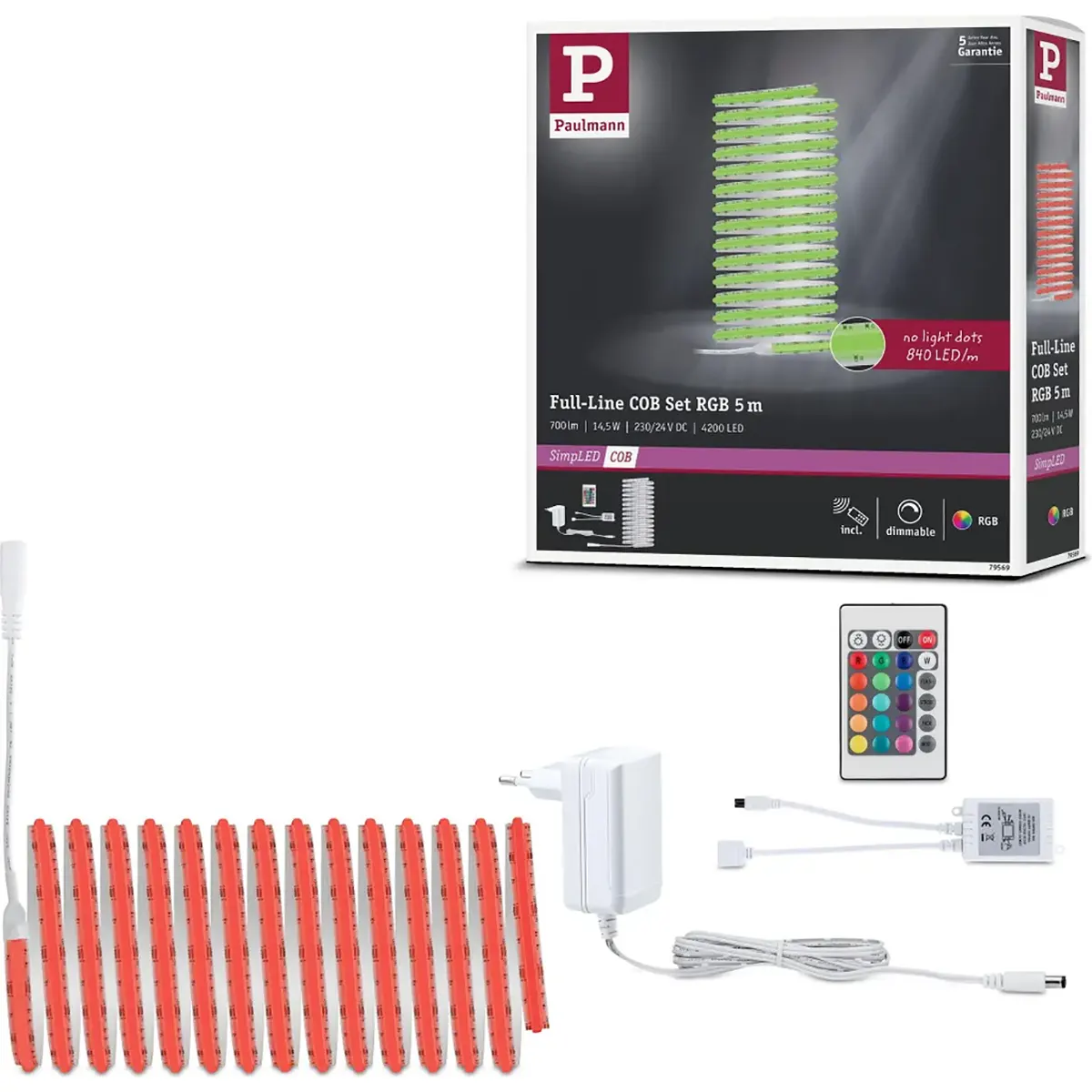 Paulmann SimpLED Full-Line COB – weißes LED-Streifen-Set mit innovativer COB-Technologie, Netzteil, Fernbedienung und abgebildeter Verpackung. Genießen Sie strahlend weißes Licht mit fortschrittlicher Beleuchtungstechnologie von Paulmann.
