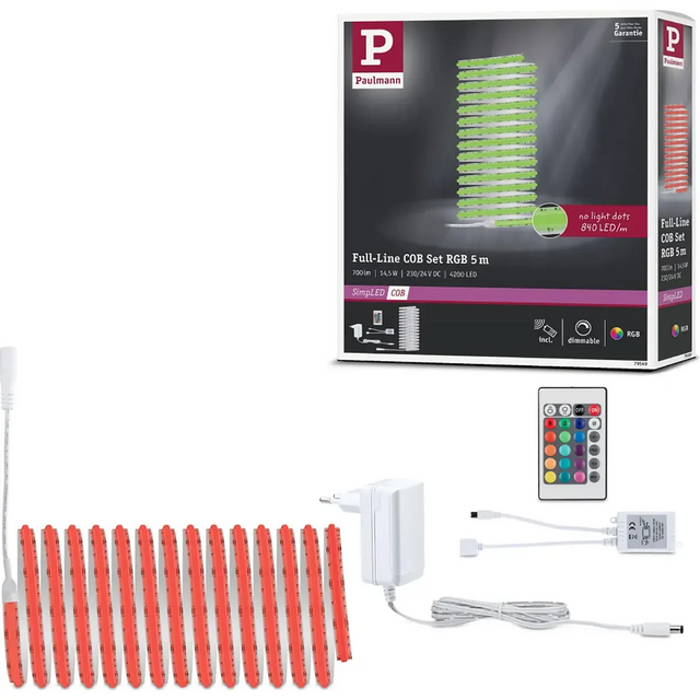 Paulmann SimpLED Full-Line COB – weißes LED-Streifen-Set mit innovativer COB-Technologie, Netzteil, Fernbedienung und abgebildeter Verpackung. Genießen Sie strahlend weißes Licht mit fortschrittlicher Beleuchtungstechnologie von Paulmann.