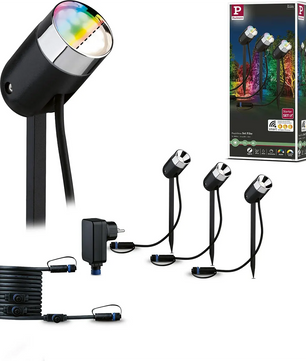 Abgebildet sind drei Paulmann Plug & Shine Basisset Außenleuchten in schwarz mit Netzteil, Verlängerungskabel und ZigBee Starterset-Verpackung von Paulmann.