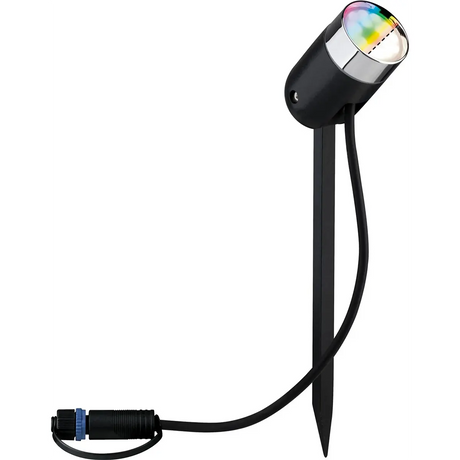Die Paulmann Plug & Shine Basisset Außenleuchte in Schwarz ist ein smarter Außenstrahler mit farbwechselnder LED, Erdspieß und Stromkabel - ideal für die moderne Gartenbeleuchtung. Kompatibel mit RGBW-Erdspieße und ZigBee Starterset von Paulmann.