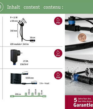Die Paulmann Plug & Shine Basisset Außenleuchte - schwarz von Paulmann beinhaltet LED-Modul, Netzteil, Kabel, Stecker, ist wasser- und IP-geschützt - ideal für die intelligente Gartenbeleuchtung. Kompatibel mit ZigBee Starterset und kommt mit RGBW-Erdspieße.