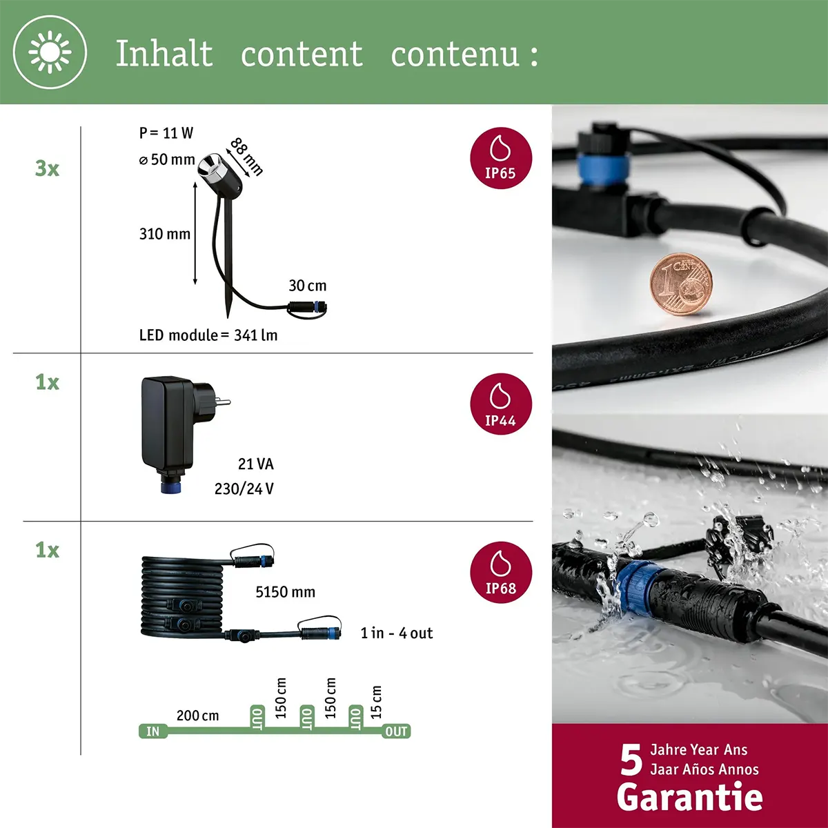 Die Paulmann Plug & Shine Basisset Außenleuchte - schwarz von Paulmann beinhaltet LED-Modul, Netzteil, Kabel, Stecker, ist wasser- und IP-geschützt - ideal für die intelligente Gartenbeleuchtung. Kompatibel mit ZigBee Starterset und kommt mit RGBW-Erdspieße.