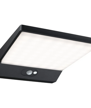 Schwarze rechteckige LED Außenwandleuchte mit Bewegungssensor, die Paulmann Solar LED Außenwandleuchte Ronas überzeugt als Solarlampe außen und leuchtet hellweiß.