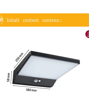Die Paulmann Solar LED Außenwandleuchte Ronas von Paulmann ist eine schwarze, quadratische LED-Wandleuchte mit Bewegungsmelder (250 x 180 x 58 mm, IP44), ideal als Solarlampe für moderne Außenbereiche.