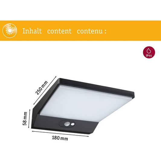 Paulmann Ronas Solar LED Außenwandleuchte in Schwarz mit Sensor, Maße 250x180x58 mm, IP44-Schutzklasse.