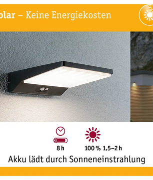 Die Paulmann Solar LED Außenwandleuchte Ronas von Paulmann lässt sich im Außenbereich montieren und leuchtet nachts hell. Sie bietet energieeffiziente Beleuchtung mit beeindruckenden Solarladevorteilen.