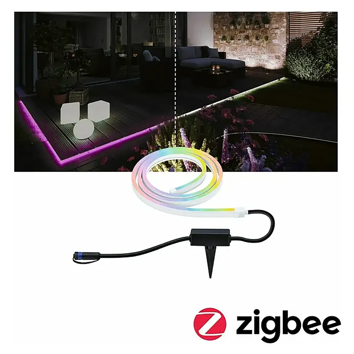 Paulmann Plug & Shine Smooth Strip RGBW, 2 m – weiß, von Paulmann, mit einem Erdspieß, der einen Gartenweg in leuchtenden RGBW-Tunable-White-Farben hell beleuchtet; unten ist das Zigbee-Logo zu sehen.