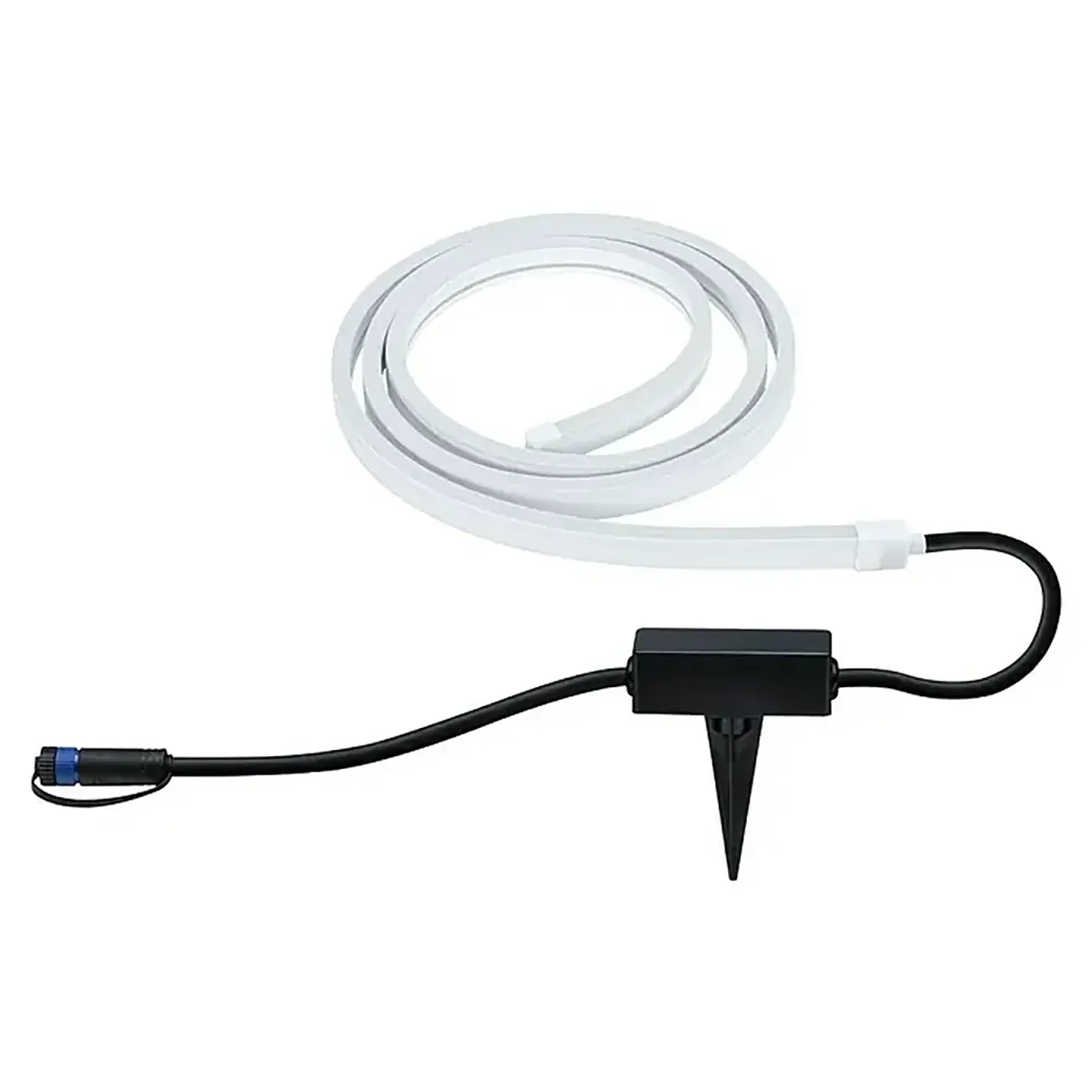 Paulmann Plug & Shine Smooth Strip RGBW, 2 m – weiß, ein weißer LED-Lichtstreifen für den Außenbereich mit integriertem schwarzem Erdspieß und Stecker, ist auf weißem Hintergrund aufgerollt. Dieses Beleuchtungsprodukt von Paulmann verfügt über die RGBW-Tunable-White-Technologie für eine vielseitige Außenbeleuchtung.