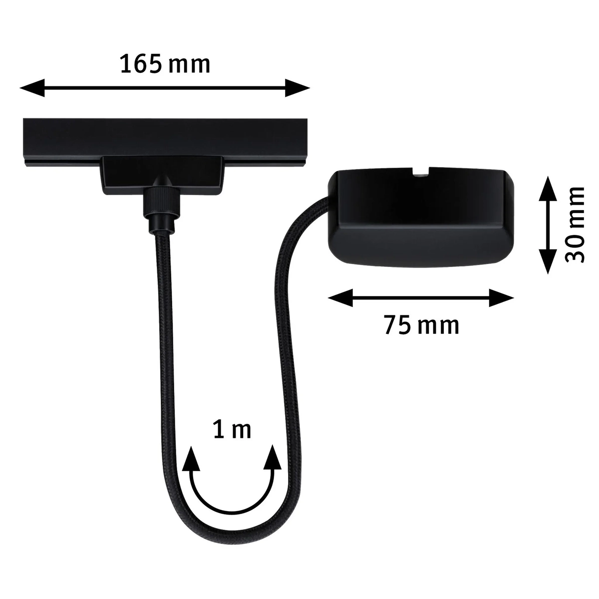 Das Paulmann URail Stromkabel (schwarz) von Paulmann hat einen flexiblen 1m langen Hals, einen 165mm breiten Lampenkopf und einen 75mm breiten und 30mm hohen Sockel. Es ist kompatibel mit dem Zigbee Controller für die Integration intelligenter Beleuchtung.