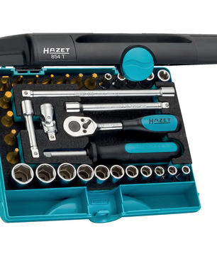 Das Hazet 1/4" 33tlg. 854T Steckschlüssel-Garnitur bietet Sockets, Ratschen, Bits und Griffe der Marke Hazet ordentlich im blau-schwarzen Koffer - ideal für präzises Arbeiten.