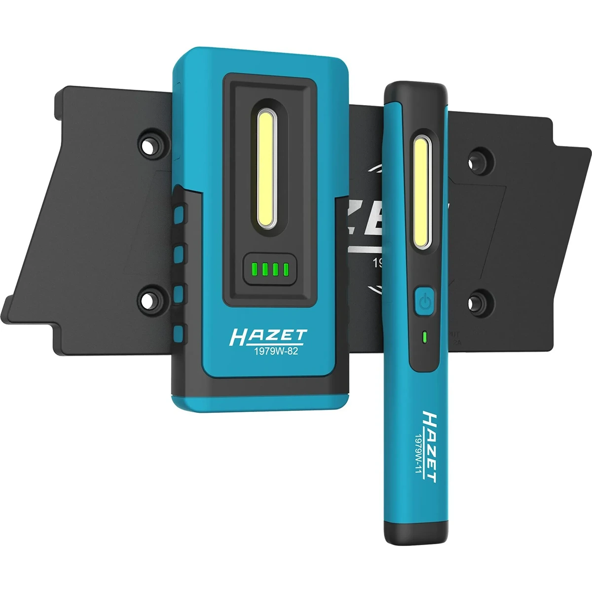 Das Hazet 1979NW/3 LED-Inspektionslampen-Set in Blau umfasst eine rechteckige und eine stiftförmige Hazet-Werkstattlampe, die beide auf einer schwarzen Halterung abgebildet sind.