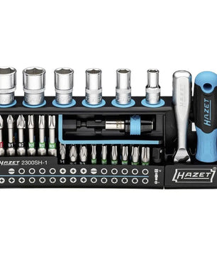 Das HAZET 2300SH-1 Bit-Set – blau von Hazet enthält Steckschlüsseleinsätze, Bits, eine Ratsche und einen Schraubendreher in einer eleganten blauen Aufbewahrungsschale – perfekt für jede Werkzeugsammlung.