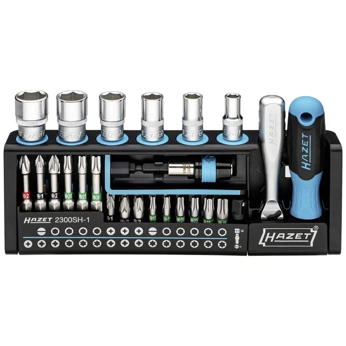 Das HAZET 2300SH-1 Bit-Set – blau von Hazet enthält Steckschlüsseleinsätze, Bits, eine Ratsche und einen Schraubendreher in einer eleganten blauen Aufbewahrungsschale – perfekt für jede Werkzeugsammlung.