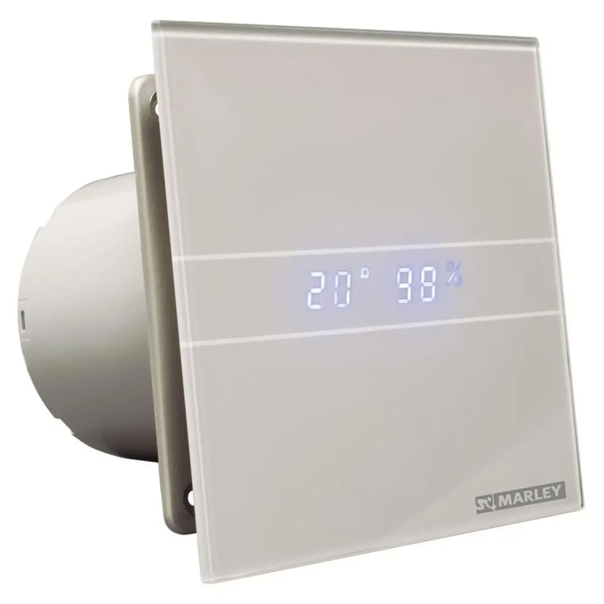 Weißes, quadratisches digitales Wandgerät – MARLEY P14 MP 100 TFN Ventilator in Weiß – mit Feuchteautomatik, zeigt 20° und 98 % an, mit dem MARLEY-Logo in der unteren rechten Ecke.