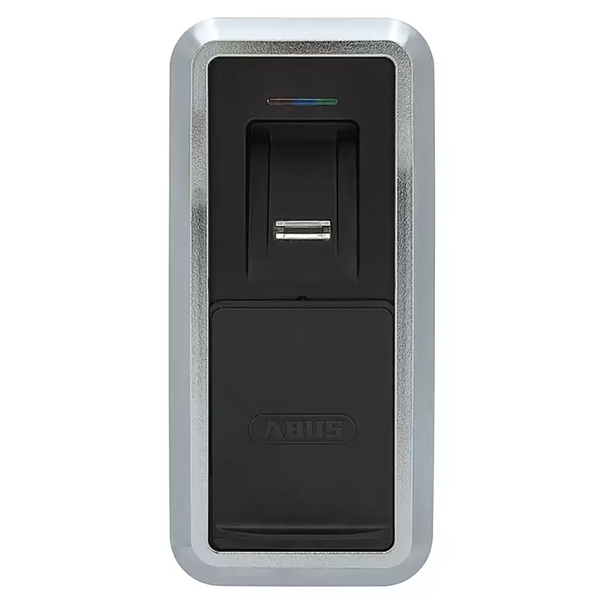Der ABUS HomeTec Pro CFS3100 Bluetooth-Fingerscanner in Schwarz eignet sich ideal für den schlüssellosen Zugang und verfügt über eine kleine Leuchtanzeige; er ist mit dem ABUS HomeTec Pro-System kompatibel.