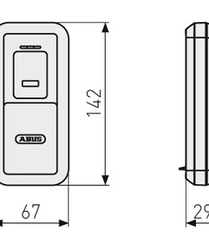Strichzeichnung des ABUS HomeTec Pro CFS3100 Bluetooth-Fingerscanners (schwarz) mit den Abmessungen 142 mm x 67 mm x 29 mm. Ermöglicht dank der ABUS-Innovation den schlüssellosen Zugang zu Ihrem Zuhause.