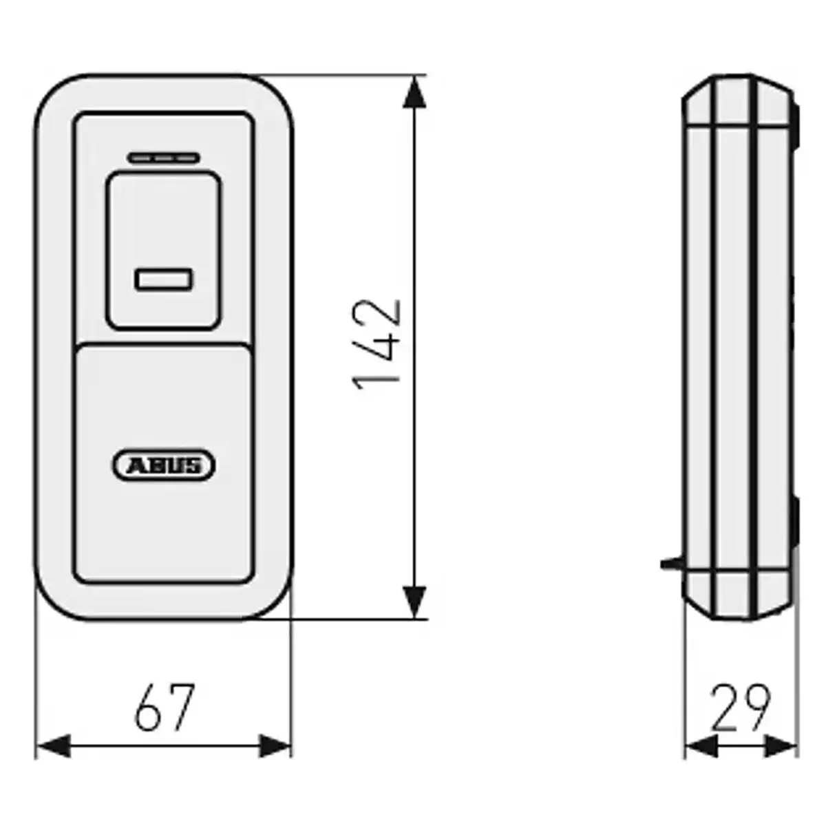 Strichzeichnung des ABUS HomeTec Pro CFS3100 Bluetooth-Fingerscanners (schwarz) mit den Abmessungen 142 mm x 67 mm x 29 mm. Ermöglicht dank der ABUS-Innovation den schlüssellosen Zugang zu Ihrem Zuhause.