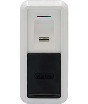 ABUS HomeTec Pro CFS3100 Bluetooth-Fingerabdruckscanner in Silber – ein wandmontierter Fingerabdruckscanner mit weißer und schwarzer Oberfläche und Kontrollleuchten oberhalb des Sensors, ideal für den sicheren Zugang per Bluetooth-Fingerabdruckscanner oder die Kompatibilität mit ABUS HomeTec Pro-Systemen zur Türöffnung per Fingerabdruck.