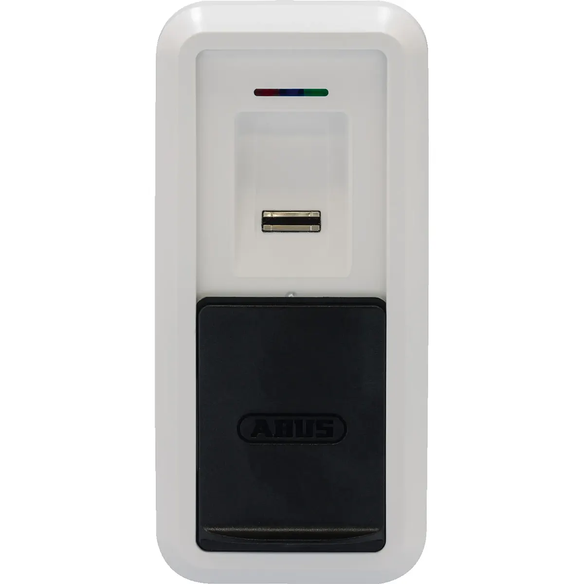 ABUS HomeTec Pro CFS3100 Bluetooth-Fingerabdruckscanner in Silber – ein wandmontierter Fingerabdruckscanner mit weißer und schwarzer Oberfläche und Kontrollleuchten oberhalb des Sensors, ideal für den sicheren Zugang per Bluetooth-Fingerabdruckscanner oder die Kompatibilität mit ABUS HomeTec Pro-Systemen zur Türöffnung per Fingerabdruck.