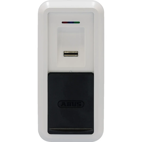 ABUS HomeTec Pro CFS3100 Bluetooth-Fingerabdruckscanner in Silber – ein wandmontierter Fingerabdruckscanner mit weißer und schwarzer Oberfläche und Kontrollleuchten oberhalb des Sensors, ideal für den sicheren Zugang per Bluetooth-Fingerabdruckscanner oder die Kompatibilität mit ABUS HomeTec Pro-Systemen zur Türöffnung per Fingerabdruck.