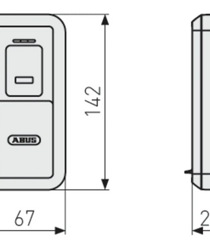 Der ABUS HomeTec Pro CFS3100 Bluetooth-Fingerscanner – silber, ein rechteckiges Schloss von ABUS, wird sowohl in der Vorder- als auch in der Seitenansicht dargestellt und weist Abmessungen von 142 mm Höhe, 67 mm Breite und 29 mm Tiefe auf. Dieses Modell bietet fortschrittliche Zugangsoptionen, darunter die Entriegelung per Fingerabdruck (Türöffnung Fingerabdruck) oder Bluetooth-Fingerscanner-Technologie für die nahtlose Integration in das ABUS HomeTec Pro-System.