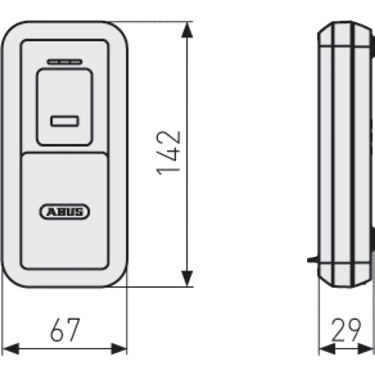 Der ABUS HomeTec Pro CFS3100 Bluetooth-Fingerscanner – silber, ein rechteckiges Schloss von ABUS, wird sowohl in der Vorder- als auch in der Seitenansicht dargestellt und weist Abmessungen von 142 mm Höhe, 67 mm Breite und 29 mm Tiefe auf. Dieses Modell bietet fortschrittliche Zugangsoptionen, darunter die Entriegelung per Fingerabdruck (Türöffnung Fingerabdruck) oder Bluetooth-Fingerscanner-Technologie für die nahtlose Integration in das ABUS HomeTec Pro-System.