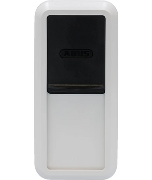 Rechteckiger ABUS HomeTec Pro CFS3100 Bluetooth-Fingerabdruckscanner in Silber, mit einer eleganten schwarzen Oberseite und einem weißen Gehäuse, abgebildet vor einem schlichten weißen Hintergrund – ideal für die nahtlose Integration in das ABUS HomeTec Pro-System oder zur Aufrüstung Ihres Sicherheitssystems auf einen bequemen, schlüssellosen Zugang mittels Fingerabdrucktechnologie.